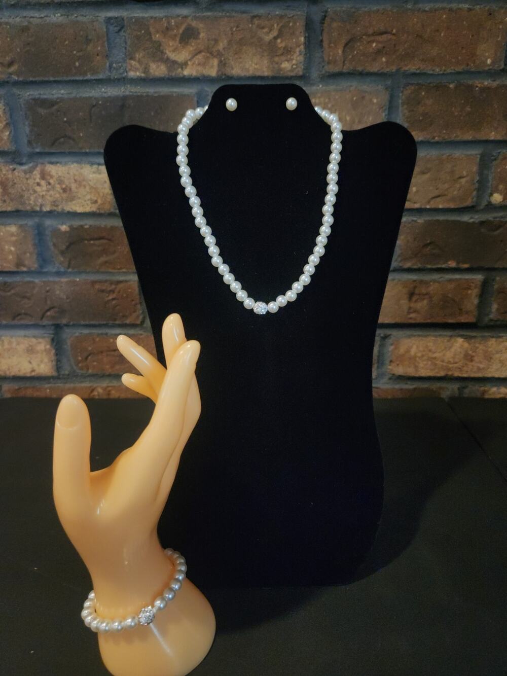 Multi Piece Faux Pearl Jewelry Set Necklace Bracelet Earrings Rhinestone Beads